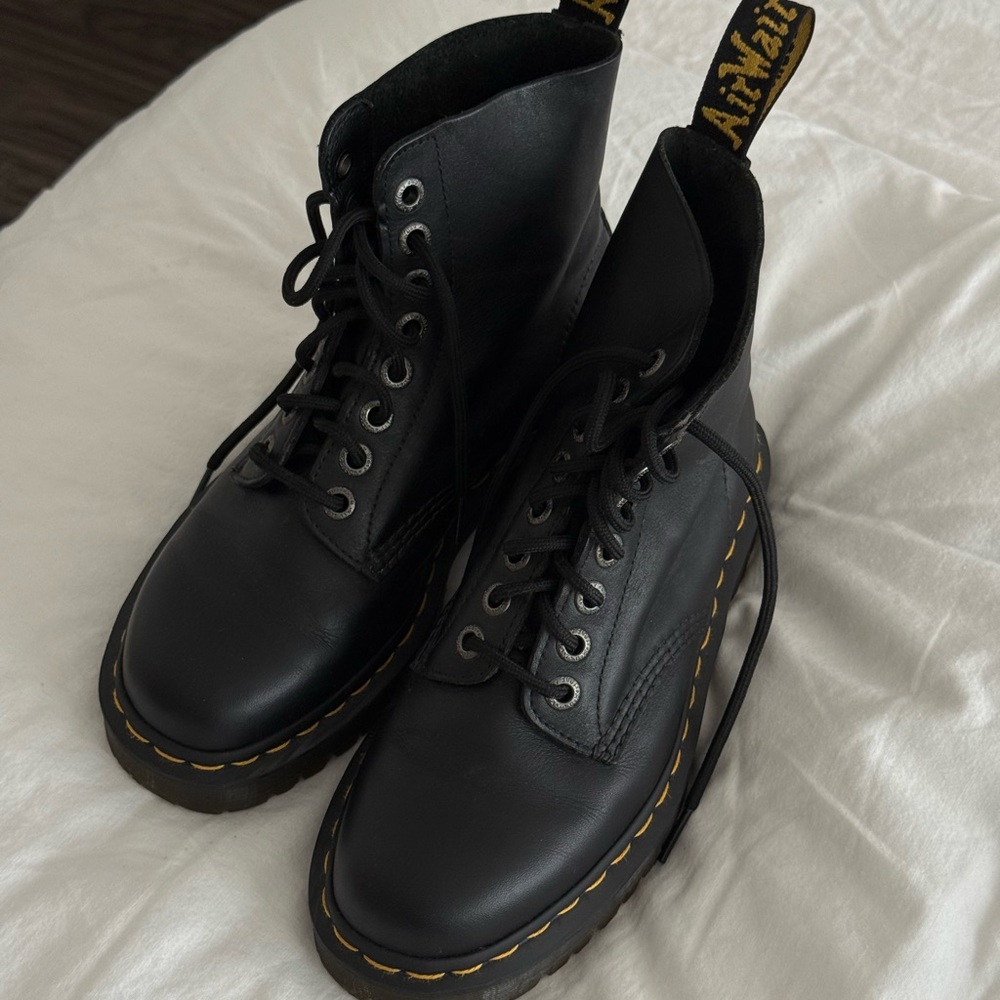 Size 8W/7M; Dr. Martens Black Leather Lace-Up Boots with Yellow Stitching